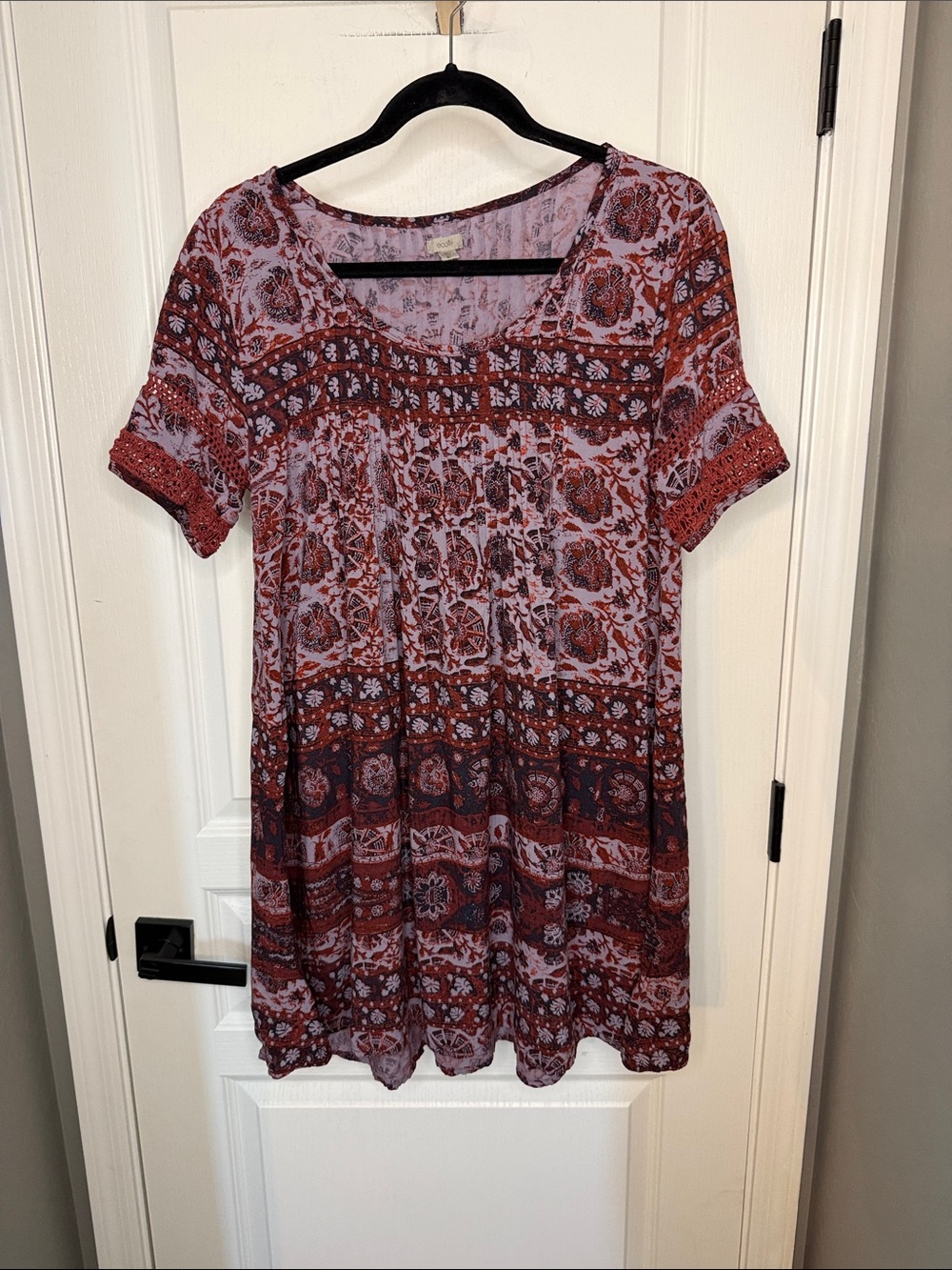 Ecote Lavender and Rust Boho Short Sleeve Tunic Dress
